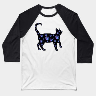 Blue Purple Paw Print Black Cat Silhouette Baseball T-Shirt